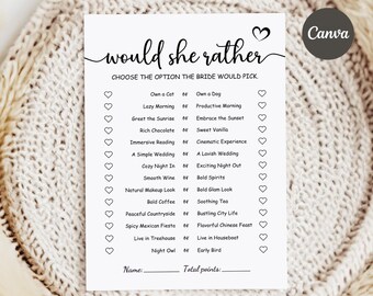 May include: A white card with black text that reads "would she rather" and a list of questions. The questions are designed for a bridal shower game. The card has a heart graphic and the Canva logo.