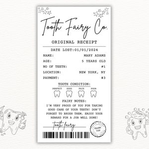 Certificado imprimible de recibo editable del hada de los dientes / Primer diente perdido / Carta realista del hada de los dientes / Carta del hada de los dientes para niños / Diente perdido