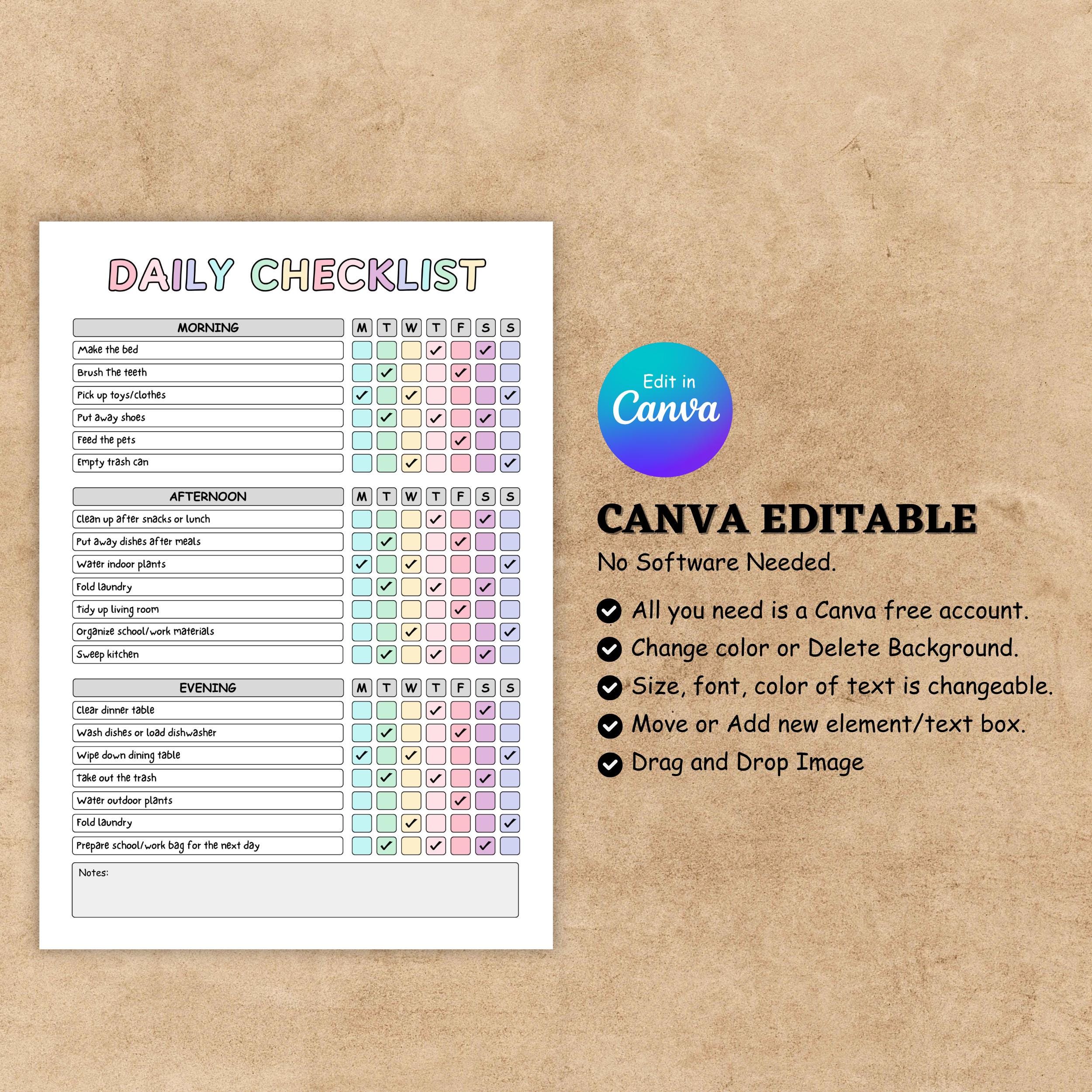 Daily Checklist Plan, Weekly Checklist Template, Daily Task Planner ...