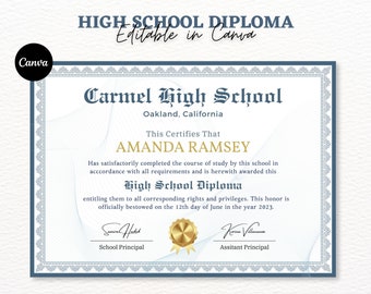 High School Diploma, Diploma Template, Canva Editable Homeschool Diploma, Graduation Diploma Template, Printable High School Diploma