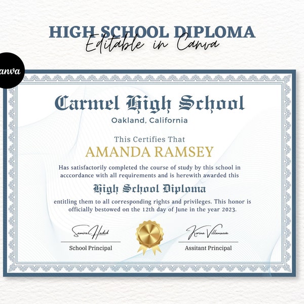 High School Diploma, Diploma Template, Canva Editable Homeschool Diploma, Graduation Diploma Template, Printable High School Diploma