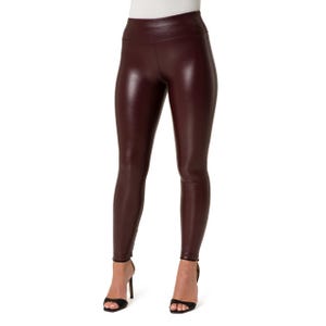May include: Burgundy faux leather leggings with a high waist and a shiny finish.