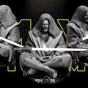 May include: Three gray statues of figures in hooded robes, sitting in a meditative pose with their hands clasped in their laps. The figures are positioned in a row, with the middle figure in the center of the image. The figures are set against a black background with yellow accents.