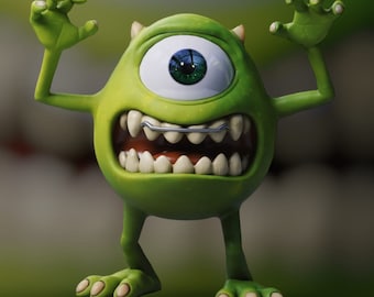 May include: A green, one-eyed monster with a toothy grin and braces. The monster has large, clawed hands and is standing on two legs.