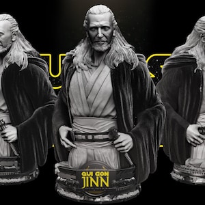 Puede incluir: Un busto en blanco y negro de Qui-Gon Jinn de Star Wars. El busto está sobre una base negra con una placa dorada que dice "Qui-Gon Jinn".