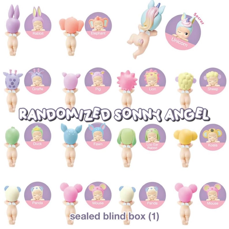 K&ouml;nnte beinhalten: Eine Sammlung von Sonny Angel-Figuren, die jeweils ein kleines, nacktes Baby mit tierischem Kopfschmuck darstellen. Die Figuren umfassen ein Kaninchen, einen Elefanten, ein Einhorn, eine Giraffe, ein Schwein, einen L&ouml;wen, ein Schaf, eine Ente, ein Reh, ein Kaninchen, einen Koala, einen Panda und eine Maus.