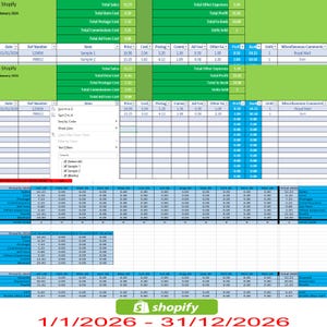 May include: A spreadsheet displaying financial data, including sales, costs, and profit, with the Shopify logo at the bottom. The date range is 1/1/2026 - 31/12/2026. The document includes item details, totals, and units sold.