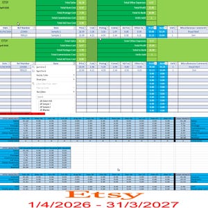 May include: A spreadsheet displaying Etsy sales data from 1/4/2026 to 31/3/2027. The document includes item prices, costs, postage, commissions, and profit. The Etsy logo and the date range are visible.
