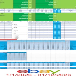 May include: A spreadsheet displaying financial data, including sales, costs, and profit, with the eBay logo and the date range 1/1/2026 - 31/12/2026. The data is organized in rows and columns, with various financial metrics.