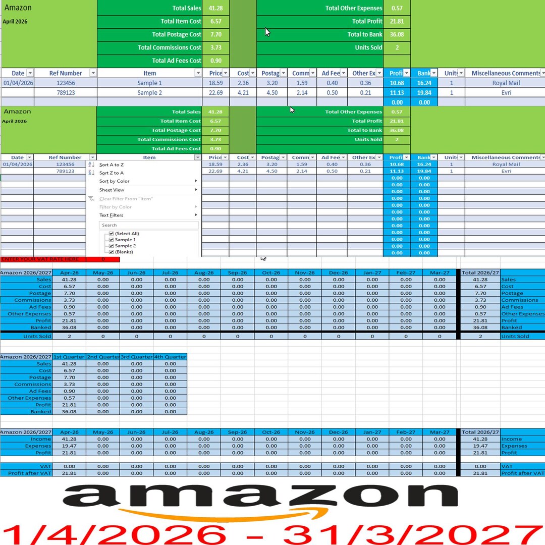 Amazon Accounting Spreadsheet for All Your 2026 - 2027 Sales. Microsft ...