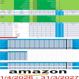 May include: A spreadsheet labeled "Amazon" with financial data from April 1, 2026, to March 31, 2027. The document includes sales, costs, and profit figures, with item details and dates. The Amazon logo is at the bottom.