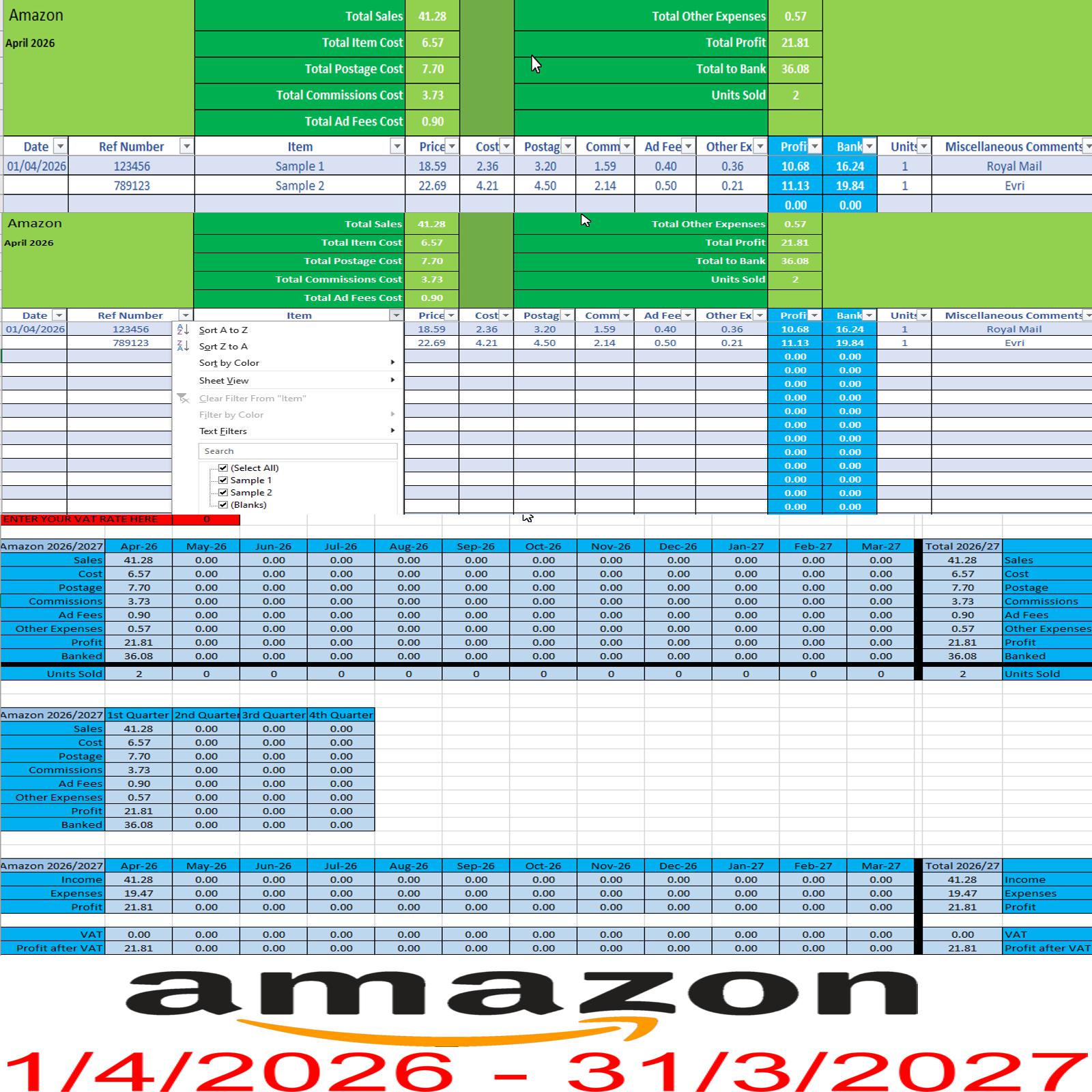 Amazon Accounting Spreadsheet for All Your 2026 - 2027 Sales. Microsft ...