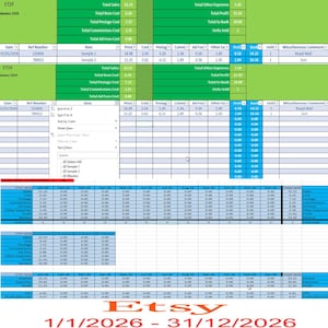 May include: A spreadsheet titled "ETSY" displaying financial information for January 2026, detailing sales, costs, and profit. The document includes data for two samples, covering the period 1/1/2026 - 31/12/2026. The Etsy logo is present.