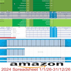 May include: A spreadsheet labeled "Amazon 2024" with financial data from January 1, 2026, to December 31, 2026. The document displays sales, costs, and profit figures, with item details and totals.