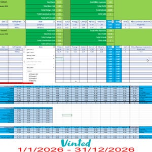 May include: A spreadsheet displaying financial data for Vinted from 1/1/2026 to 31/12/2026. The data includes sales, costs, postage, commissions, and profit. The document is green and white.