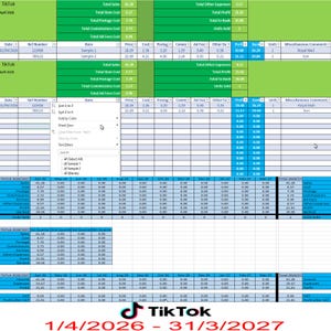 May include: A spreadsheet displaying financial data, including sales, costs, and profit, with the TikTok logo and the date range 1/4/2026 - 31/3/2027. The data is organized in rows and columns.