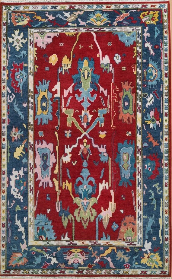 手織りウールラグ：赤と青の花柄幾何学模様 - Etsy 日本