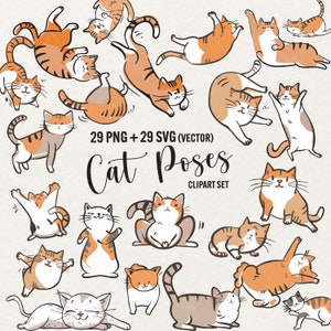 Chats pose des cliparts, png de chat mignon, vecteur de svg de chat, chats de yoga, autocollants imprimables de chaton, illustrations d'animaux, png d'amant d'animal de compagnie, usage commercial