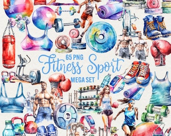Akvarell Fitness Clipart-paket: Sport- och gymgrafik (65 PNG) Kommersiellt bruk