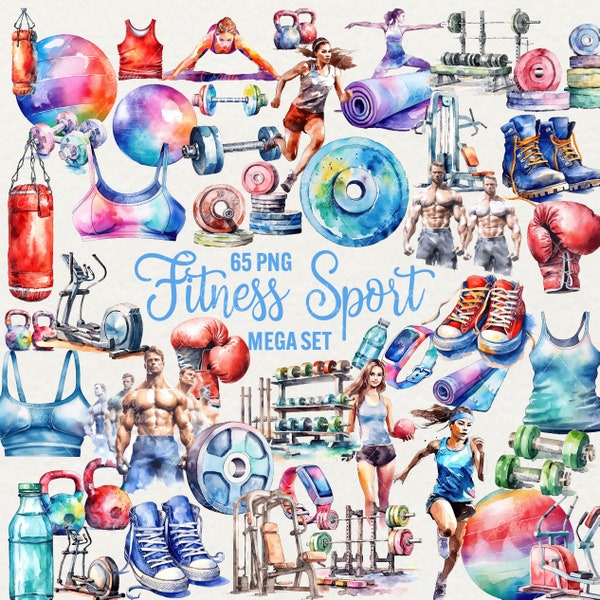 Watercolor Fitness Clipart, Sport Clipart Bundle, Fit 65 PNG Clip Art Fitness theme Watercolor Fit body clipart, Commercial Use