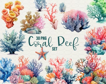 Watercolor Coral Reef Clipart: 30 PNG Sea Life Graphics (Commercial Use)