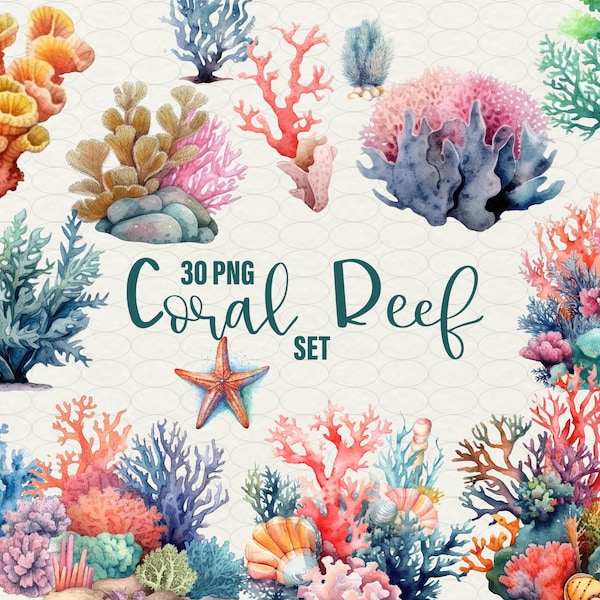 Coral reef Clipart, Ocean clipart Sea clip art, 30 png. Sealife underwater. Nautical Clipart. Digital watercolor Commercial Use