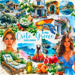Clipart Crète Grèce, clipart été voyage Grèce, 51 png aquarelle Grèce, île de Crète, cuisine grecque, clipart La Canée, usage commercial.