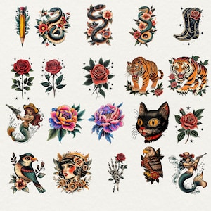 Old school Tattoo Clipart, 45 png traditional tattoo art, retro tattoo graphics, vintage tattoo png, transparent background, commercial use, red rose tattoo, skull tattoo, Tiger tattoo, mermaid tattoo, girl tattoo, cat tattoo, flower peony tattoo