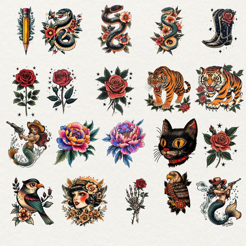 Old school Tattoo Clipart, 45 png traditional tattoo art, retro tattoo graphics, vintage tattoo png, transparent background, commercial use, red rose tattoo, skull tattoo, Tiger tattoo, mermaid tattoo, girl tattoo, cat tattoo, flower peony tattoo