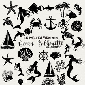 Ocean Silhouette Clipart, svg de l'océan, sirène svg, clipart mer nautique, dauphins requin coquillages coraux bateau fichiers vectoriels, fichiers coupés pour cricut