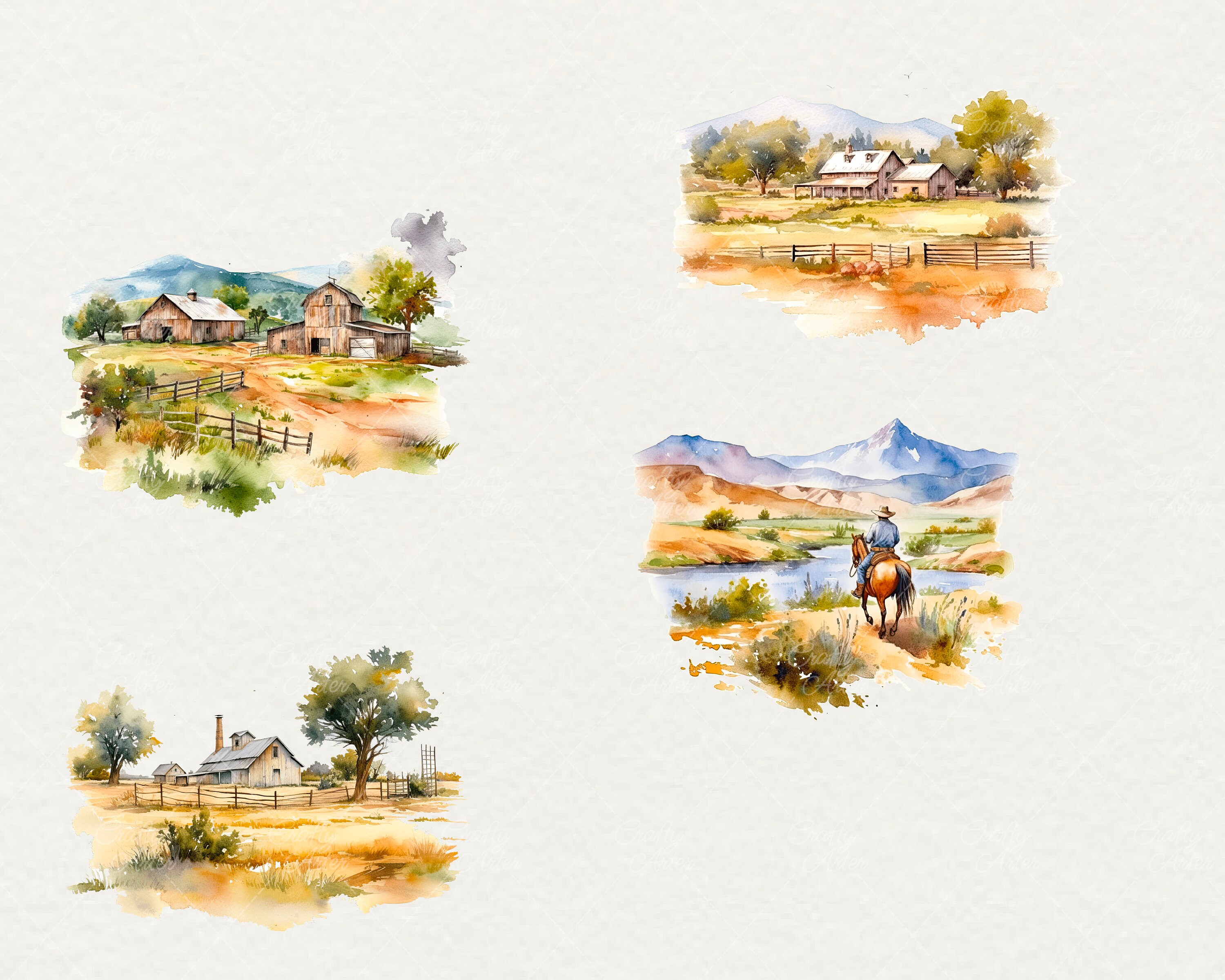 Western Ranching Graphics Watercolor Western Ranch Clipart: Cowboy Illustrations (24 PNG ...