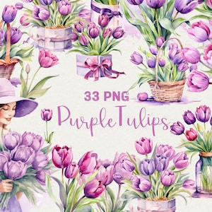 Aquarel paarse tulpen clipart, 33 png aquarel tulpen bloemen clipart tulpenkrans, paarse lente bloemen clipart, commercieel gebruik