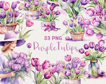 Watercolor Purple Tulips Clipart: Floral Wreath PNG Set (33 Images)