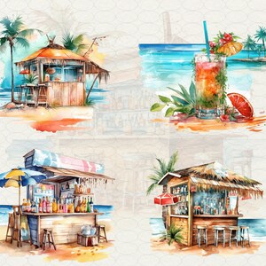 Watercolor Beach bar Clipart, 20 png tropical island Hawaii cocktail bar palms, drink bar on beach, Commercial Use.