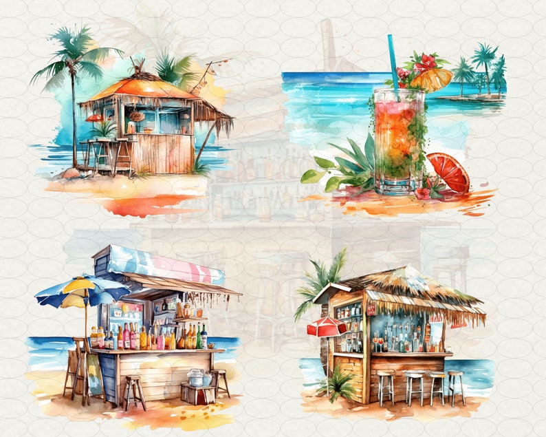 Watercolor Beach bar Clipart, 20 png tropical island Hawaii cocktail bar palms, drink bar on beach, Commercial Use.