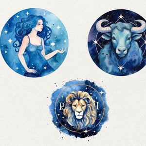 Watercolor Zodiacs clipart, 12 png Horoscope clipart Signs, Astrological zodiac blue celestial zodiac Watercolor illustration Commercial Use