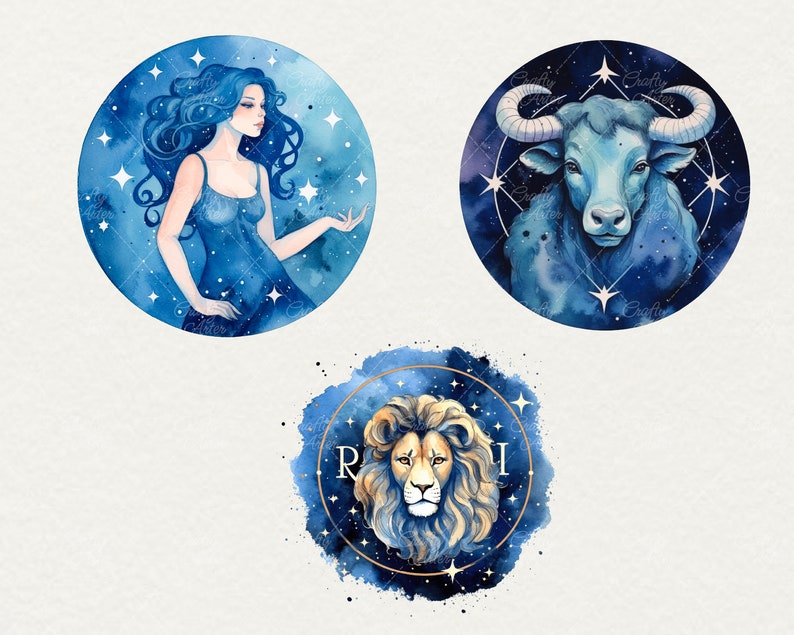 Watercolor Zodiacs clipart, 12 png Horoscope clipart Signs, Astrological zodiac blue celestial zodiac Watercolor illustration Commercial Use