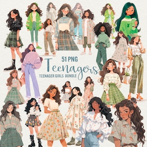 Teenager Girls Clipart, 51 PNG Fashion Girls, High School Girls, Fashion Outfit png, Cute Student Girl, Digital Download, Commercial Use.