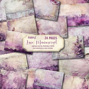Purple lace digital paper, 24 junk journal printable pages, manuscript background for scrapbook ephemera, instant download, commercial use