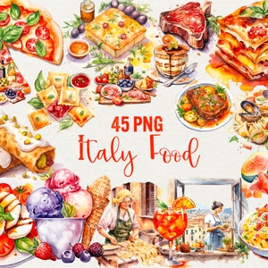 Comida italiana en acuarela, imágenes prediseñadas de comida tradicional, sabor de Italia, pasta, carbonara, lasaña, pizza, helado, tiramisú y más usos comerciales.