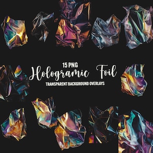Puede incluir: 15 imágenes PNG de lámina holográfica iridiscente, arrugada y superpuesta, sobre un fondo negro. El texto "Holographic Foil" y "Transparent Background Overlays" se muestra debajo de las imágenes.