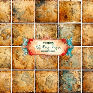 Papel de mapa antiguo digital, 20 tarjetas, papel de viaje vintage digital, papel de álbum de recortes para imprimir, papel antiguo de diario basura, clipart, uso comercial