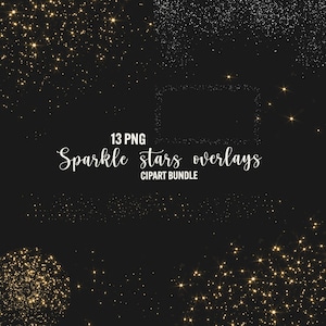 Sobreposições de estrelas cintilantes clipart, 13 png pó de ouro, fundo brilhante, noite de estrela dourada, elementos digitais de scrapbook uso comercial