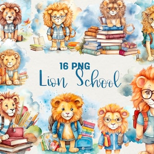 Clipart de leão escolar em aquarela, clipart de volta às aulas, animais escolares em aquarela, 16 PNG clipart de livros de leão uso comercial digital
