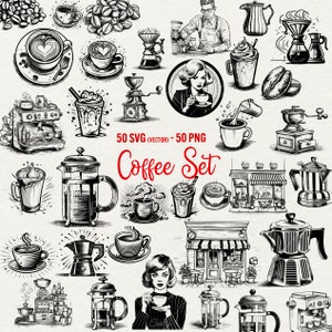 Clipart Svg caffè, 50 svg e 50 png pacchetto caffè, amante del caffè, arte disegnata a linee vettoriali, file di taglio cricut, download immediato, uso commerciale