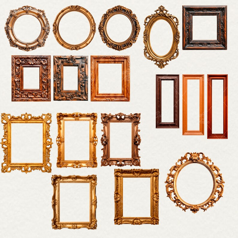 Wooden Frames Clipart, 37 png vintage ornate frames, antique wood frames, gold silver frame, digital scrapbook paper crafts, commercial use, Victorian Frame for Card Making Junk Journal, transparent background, rococo and baroque vintage