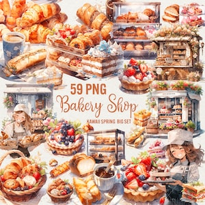 Kawaii-bakkerijillustraties: lentedesserts, broodillustraties (59 png)