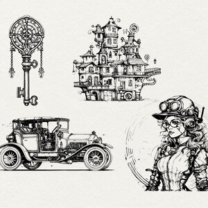 May include: A black and white illustration of a vintage car, a steampunk-style key, a flying house, and a woman wearing goggles and a steampunk-style outfit.