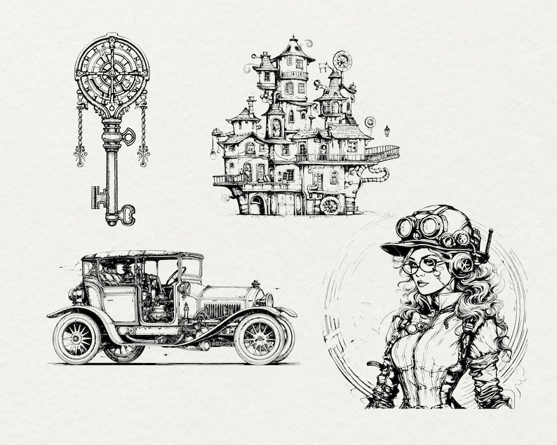 May include: A black and white illustration of a vintage car, a steampunk-style key, a flying house, and a woman wearing goggles and a steampunk-style outfit.