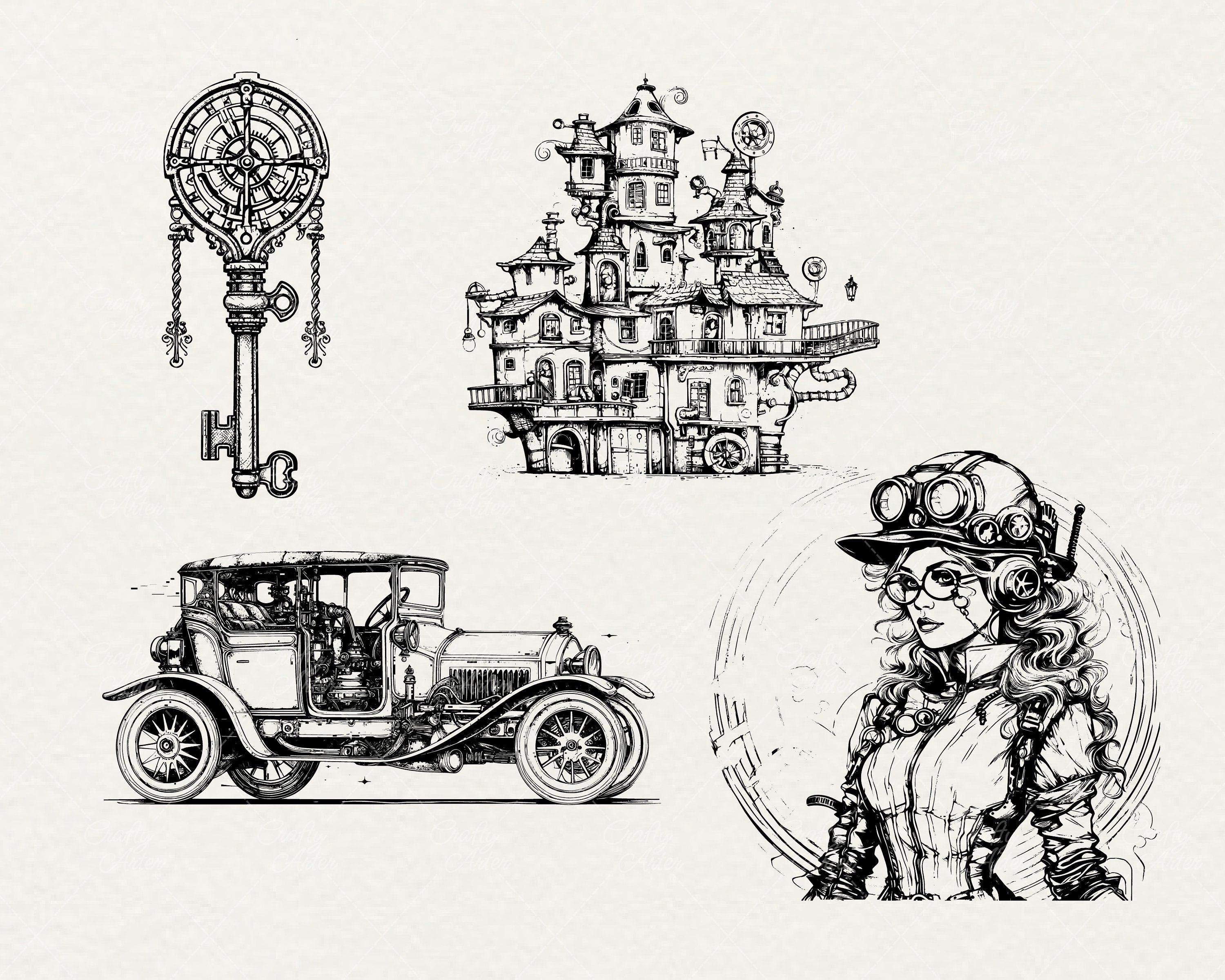 Steampunk Line Texture Steampunk Clipart: 18 Fantasy Line Art Illustrations (SVG, Instant ...